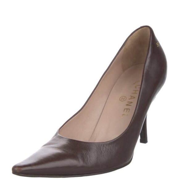 Vintage 2000s Chanel Interlocking CC logo point leather Burgundy point pump sz 9 - Picture 2 of 8